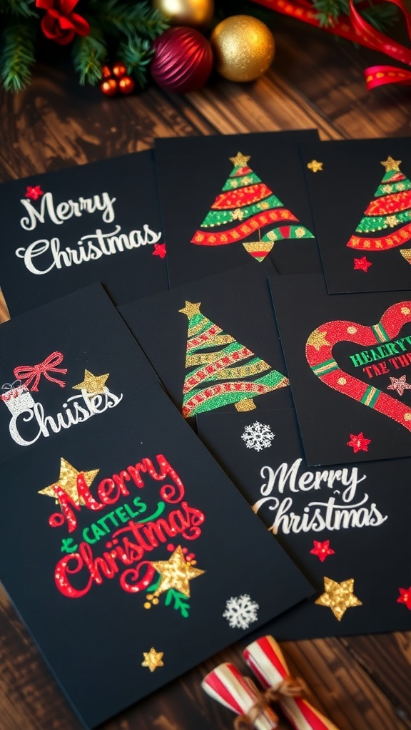 DIY Christmas Cards on Black Paper DIY Christmas cards on black paper with colorful designs and decorations on a wooden table.